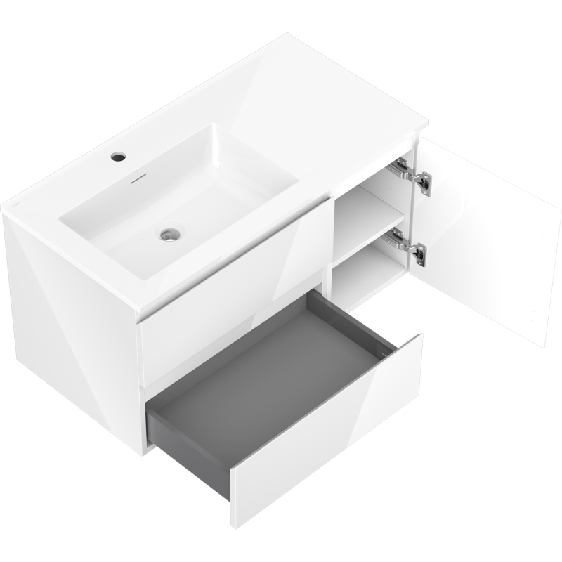 Mexen Orio bathroom cabinet 90 cm with Otis left washbasin, 2S, 1D, white gloss - 91A13-09047-3-BBFFF00-W18L00