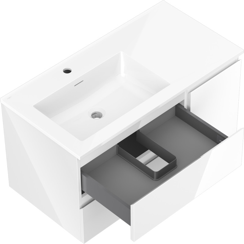 Mexen Orio 90 cm bathroom cabinet with Otis left sink, 2S, 1D, white gloss - 91A13-09047-3-BBFFF00-W18L00