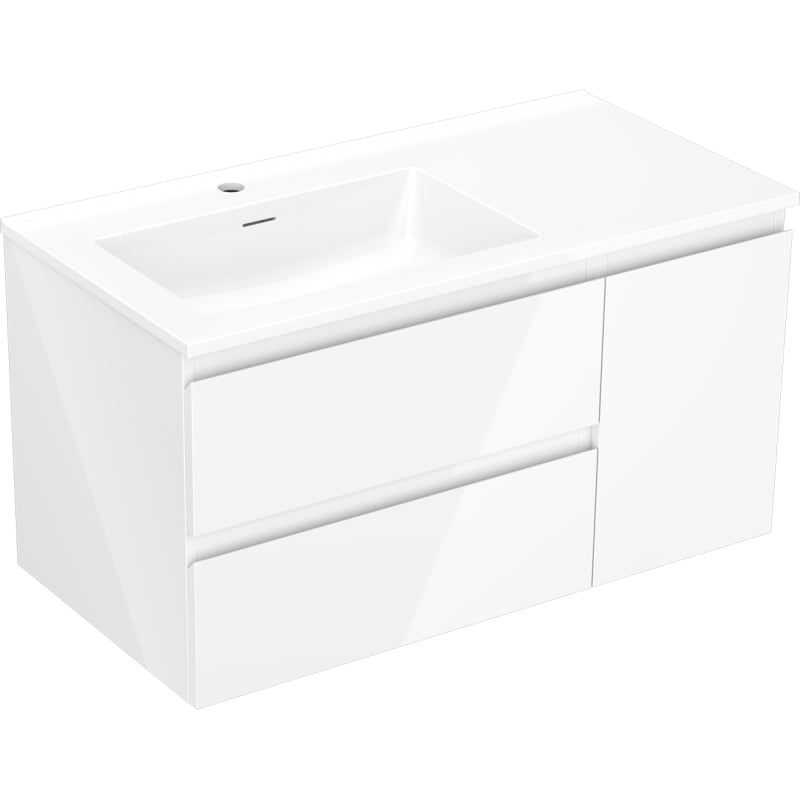 Mexen Orio 90 cm bathroom cabinet with Otis left sink, 2S, 1D, white gloss - 91A13-09047-3-BBFFF00-W18L00
