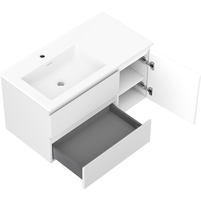 Mexen Orio 90 cm bathroom cabinet with Otis left sink, 2S, 1D, white matte - 91A13-09047-3-BBFFF01-W18L01