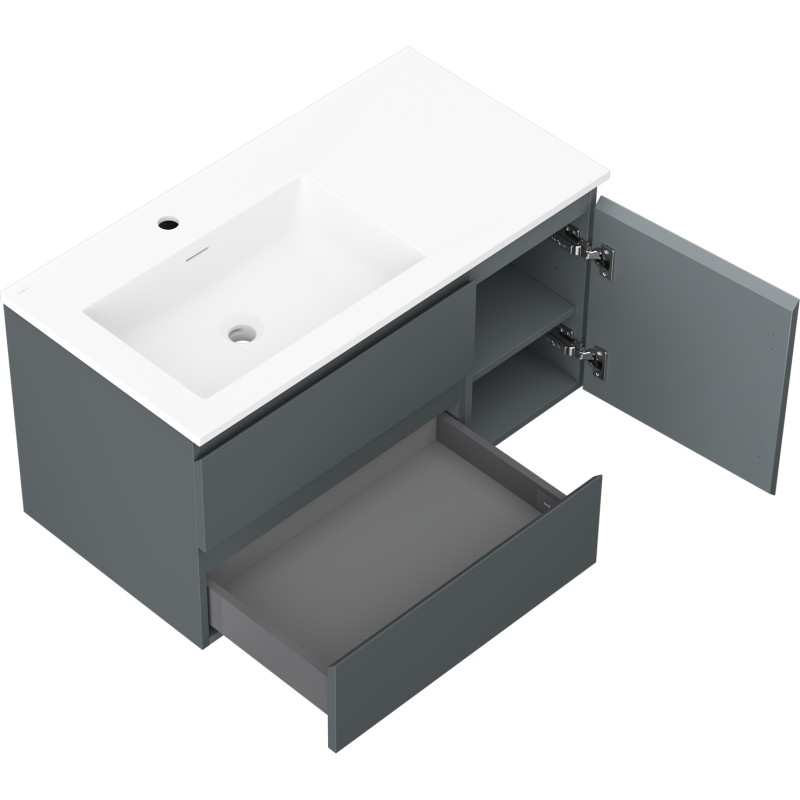 Mexen Orio 90 cm bathroom cabinet with Otis left sink, 2S, 1D, matte graphite/white matte - 91A13-09047-3-BBFFF66-W18L01