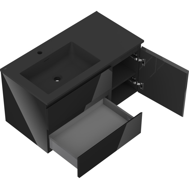 Mexen Orio 90 cm bathroom cabinet with Otis left sink, 2S, 1D, black gloss/black matte - 91A13-09047-3-BBFFF70-W18L71
