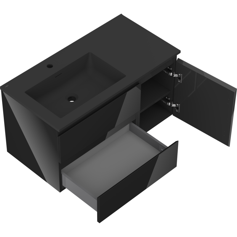 Mexen Orio bathroom cabinet 90 cm with Otis left washbasin, 2S, 1D, black gloss/black matte - 91A13-09047-3-BBFFF70-W18L71