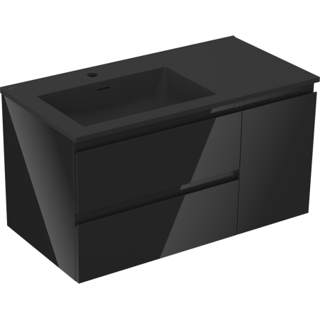 Mexen Orio 90 cm bathroom cabinet with Otis left sink, 2S, 1D, black gloss/black matte - 91A13-09047-3-BBFFF70-W18L71