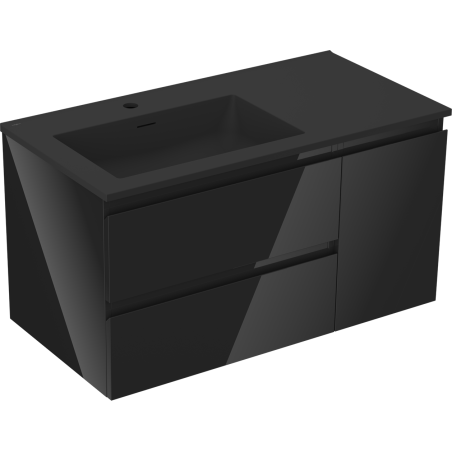 Mexen Orio bathroom cabinet 90 cm with Otis left washbasin, 2S, 1D, black gloss/black matte - 91A13-09047-3-BBFFF70-W18L71