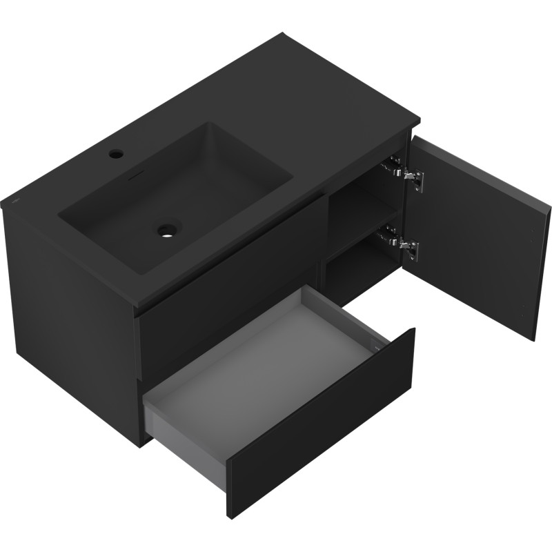 Mexen Orio 90 cm bathroom cabinet with left Otis washbasin, 2S, 1D, matte black - 91A13-09047-3-BBFFF71-W18L71