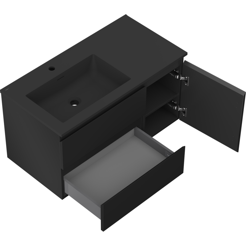 Mexen Orio bathroom cabinet 90 cm with Otis left sink, 2S, 1D, black matte - 91A13-09047-3-BBFFF71-W18L71