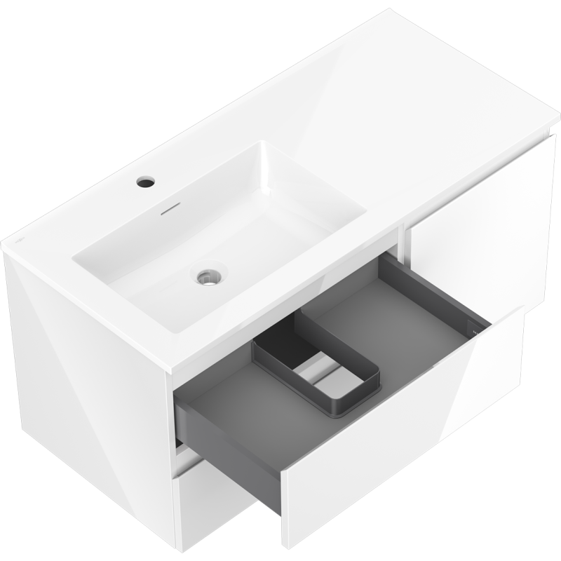 Mexen Orio bathroom cabinet 100 cm with left Otis sink, 2S, 1D, white gloss - 91A13-10047-3-BBFFF00-W18L00