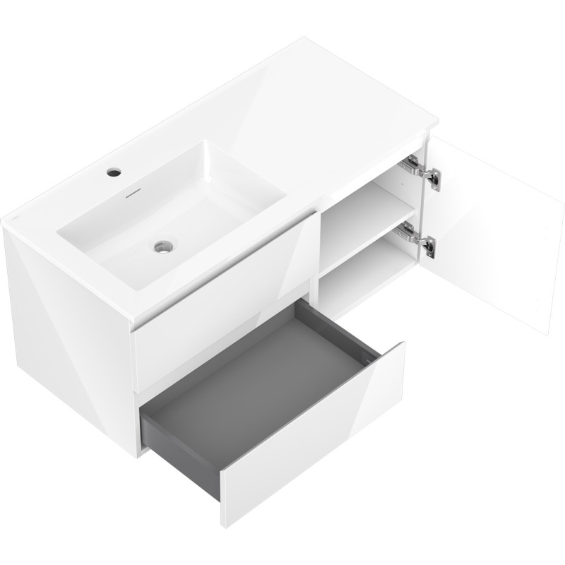 Mexen Orio 100 cm Bathroom Cabinet with Left Otis Sink, 2S, 1D, White Gloss - 91A13-10047-3-BBFFF00-W18L00