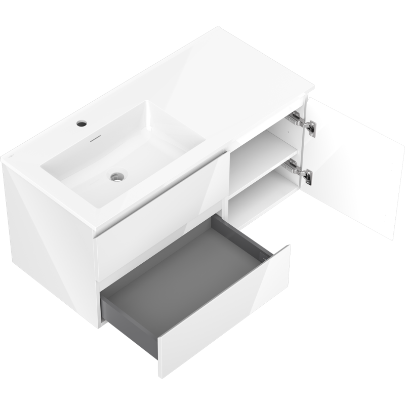 Mexen Orio bathroom cabinet 100 cm with left Otis sink, 2S, 1D, white gloss - 91A13-10047-3-BBFFF00-W18L00