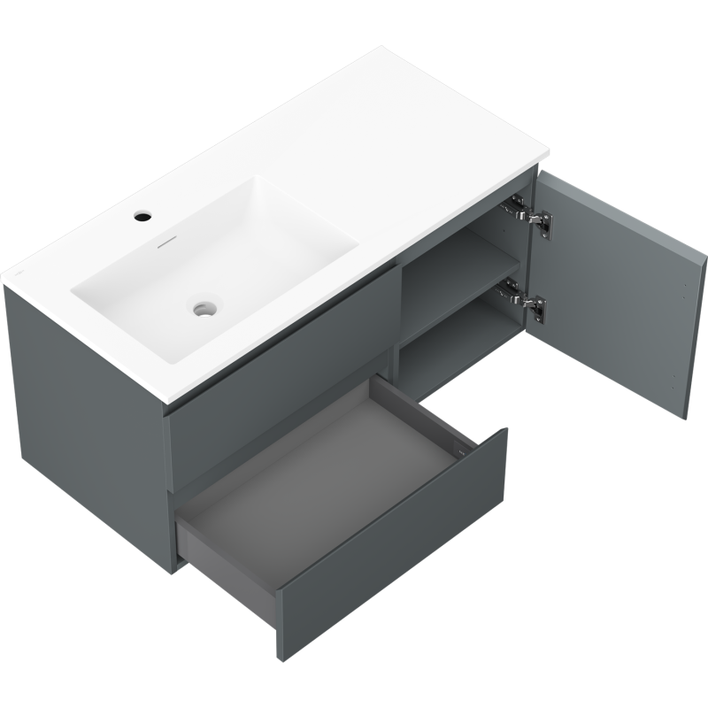 Mexen Orio 100 cm bathroom cabinet with left Otis sink, 2S, 1D, matte graphite/white matte - 91A13-10047-3-BBFFF66-W18L01