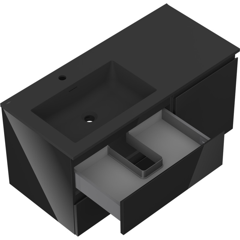 Mexen Orio bathroom cabinet 100 cm with Otis left sink, 2S, 1D, black gloss/black matte - 91A13-10047-3-BBFFF70-W18L71