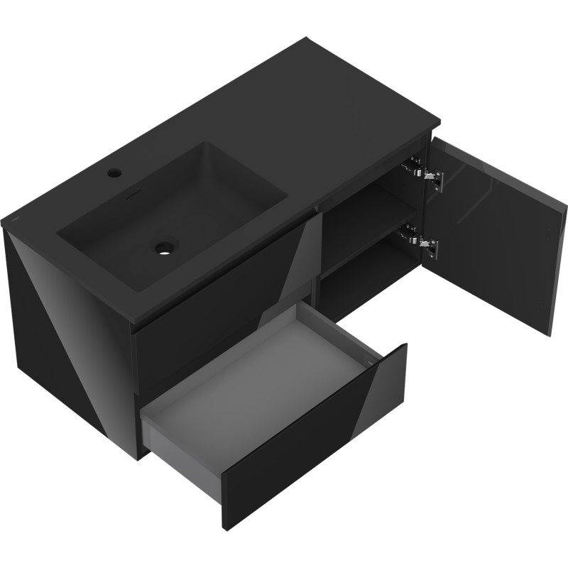 Mexen Orio bathroom cabinet 100 cm with Otis left sink, 2S, 1D, black gloss/black matte - 91A13-10047-3-BBFFF70-W18L71