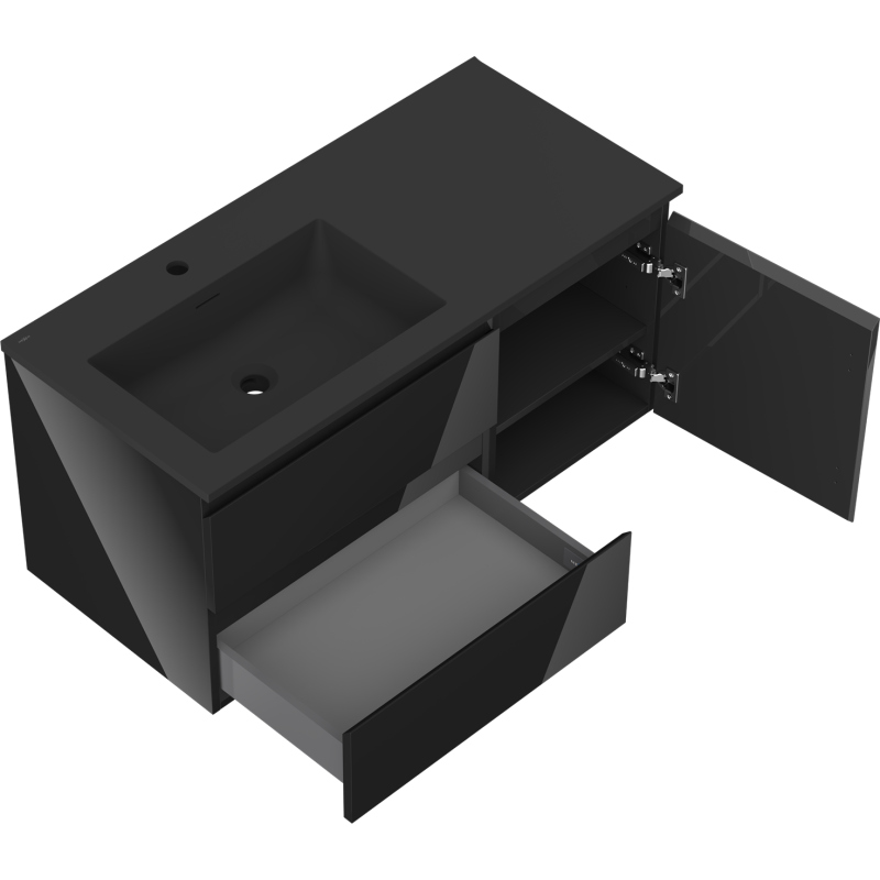 Mexen Orio bathroom cabinet 100 cm with washbasin Otis left, 2S, 1D, black gloss/black matte - 91A13-10047-3-BBFFF70-W18L71