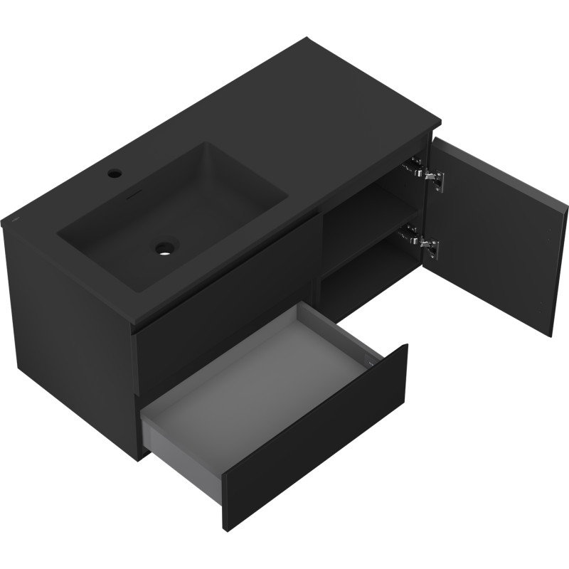 Mexen Orio 100 cm bathroom cabinet with left Otis sink, 2S, 1D, matte black - 91A13-10047-3-BBFFF71-W18L71