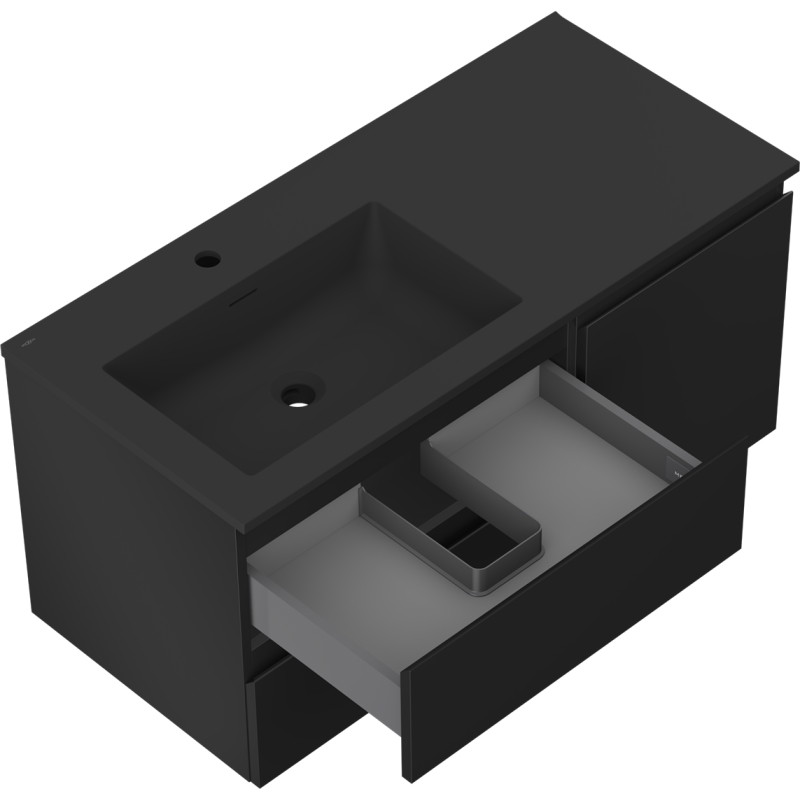Mexen Orio 100 cm bathroom cabinet with left Otis sink, 2S, 1D, matte black - 91A13-10047-3-BBFFF71-W18L71