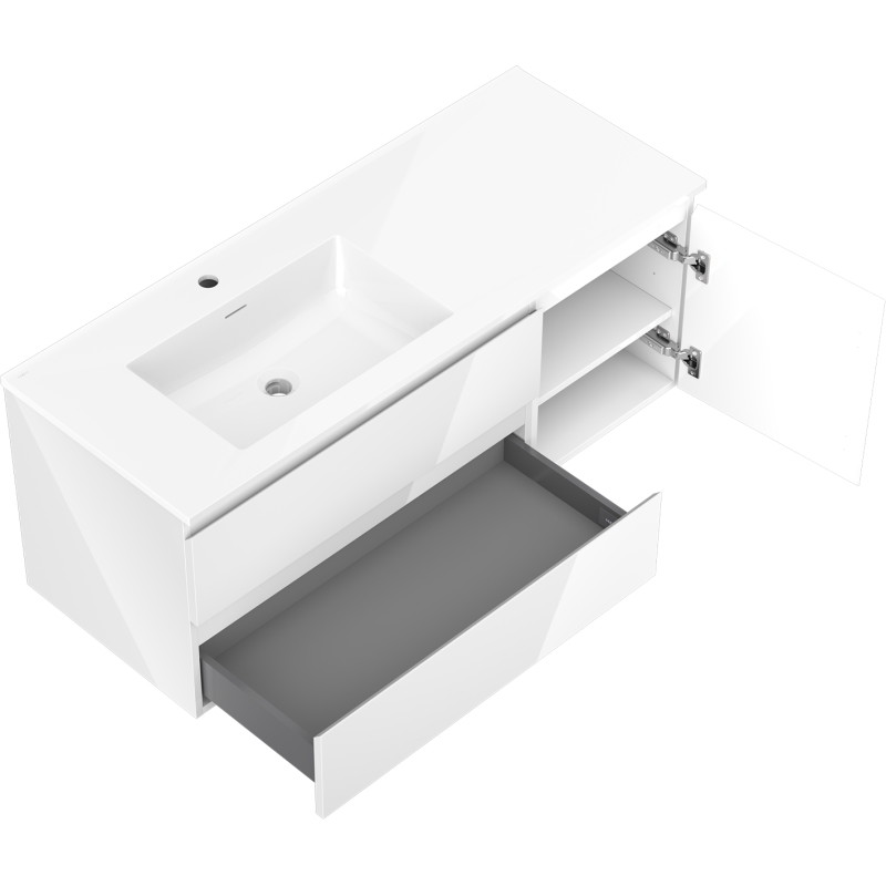 Mexen Orio 120 cm bathroom cabinet with Otis left sink, 2S, 1D, white gloss - 91A13-12047-3-BBFFF00-W18L00