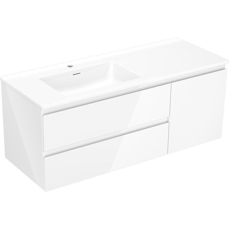 Mexen Orio 120 cm bathroom cabinet with Otis left sink, 2S, 1D, white gloss - 91A13-12047-3-BBFFF00-W18L00