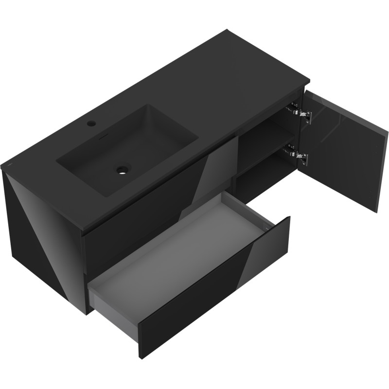 Mexen Orio 120 cm bathroom cabinet with left Otis sink, 2S, 1D, black gloss/black matte - 91A13-12047-3-BBFFF70-W18L71