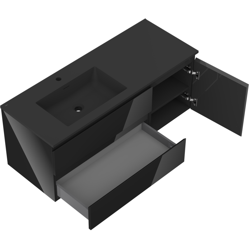 Mexen Orio bathroom cabinet 120 cm with Otis left sink, 2S, 1D, black gloss/black mat - 91A13-12047-3-BBFFF70-W18L71