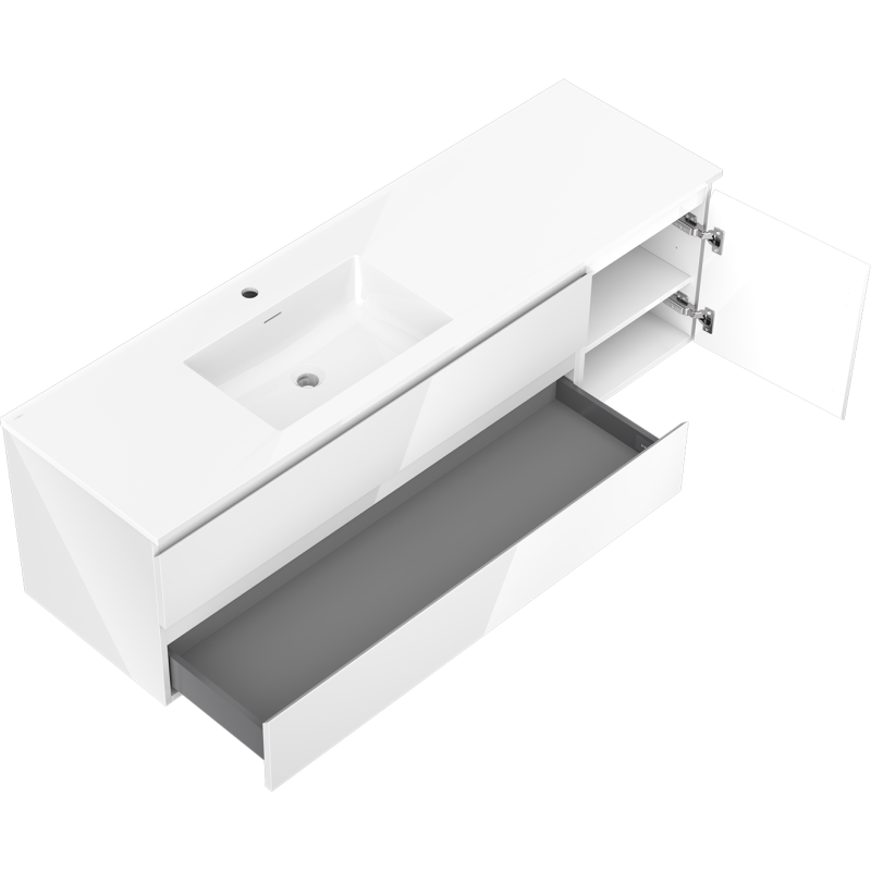 Mexen Orio bathroom cabinet 160 cm with left Otis sink, 2S, 1D, white gloss - 91A13-16047-3-BBFFF00-W18L00