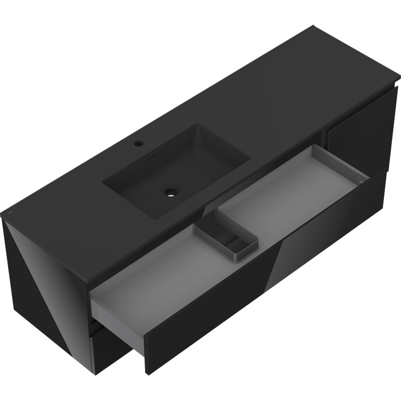 Mexen Orio 160 cm bathroom cabinet with Otis left washbasin, 2S, 1D, black gloss/black matte - 91A13-16047-3-BBFFF70-W18L71