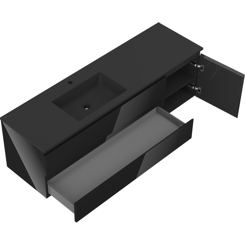 Mexen Orio bathroom cabinet 160 cm with Otis left sink, 2S, 1D, black gloss/black matte - 91A13-16047-3-BBFFF70-W18L71