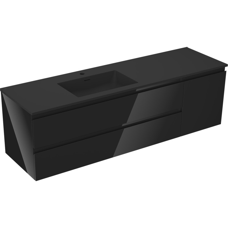 Mexen Orio 160 cm bathroom cabinet with Otis left washbasin, 2S, 1D, black gloss/black matte - 91A13-16047-3-BBFFF70-W18L71