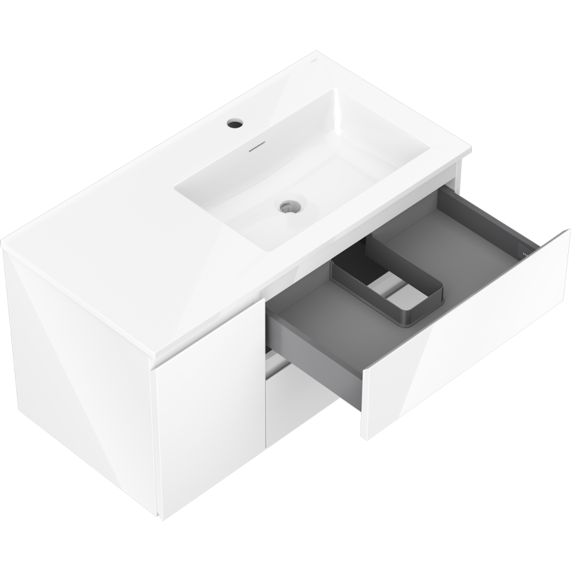Mexen Orio bathroom cabinet 90 cm with Otis right sink, 2S, 1D, white gloss - 91A13-09047-3-BBFFF00-W18P00