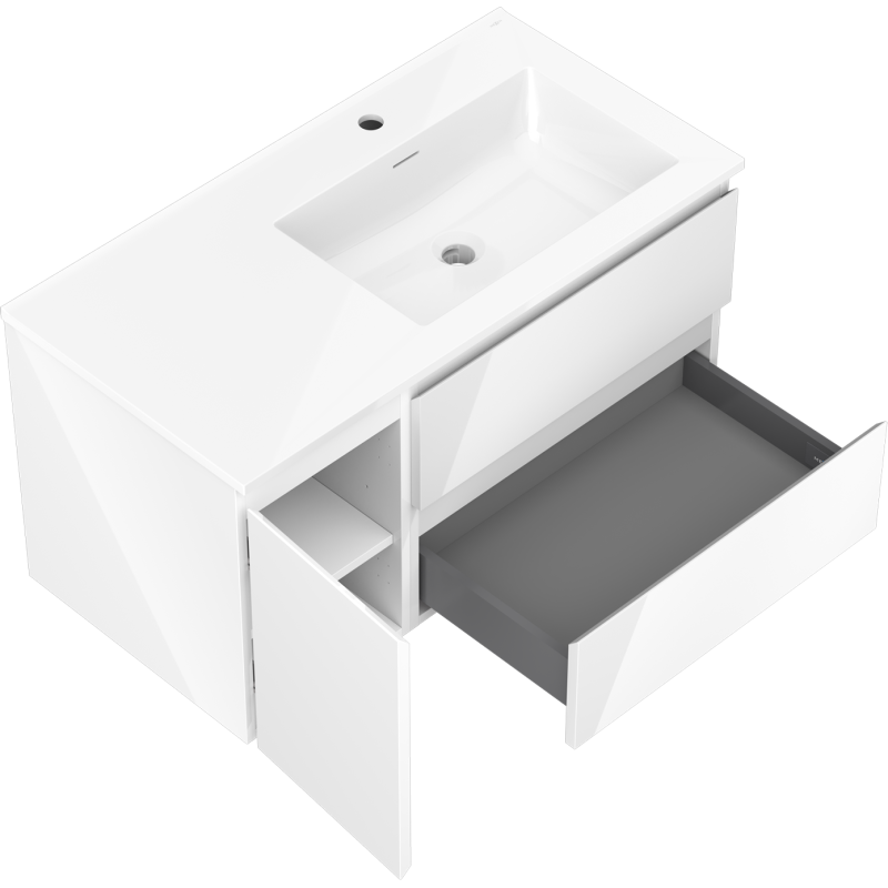 Mexen Orio bathroom cabinet 90 cm with Otis right sink, 2S, 1D, white gloss - 91A13-09047-3-BBFFF00-W18P00