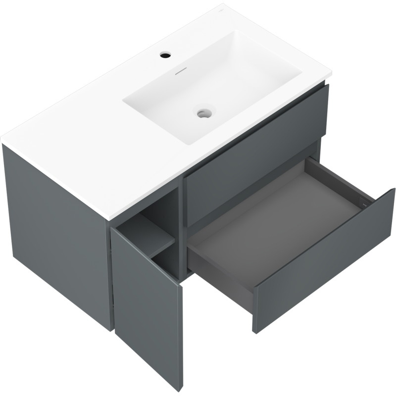 Mexen Orio bathroom cabinet 90 cm with Otis right sink, 2S, 1D, matte graphite/white matte - 91A13-09047-3-BBFFF66-W18P01