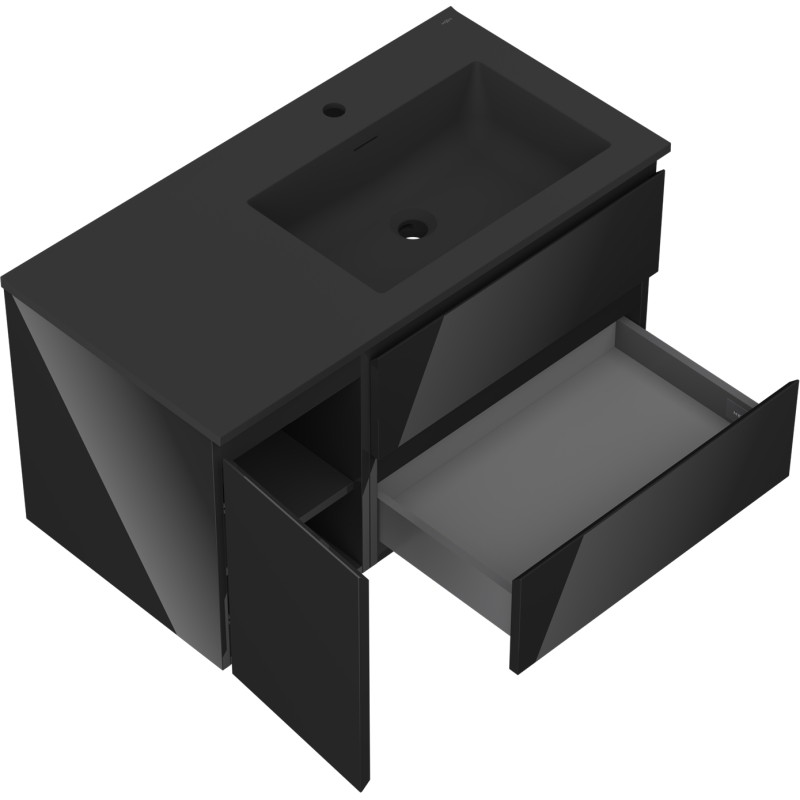 Mexen Orio 90 cm bathroom cabinet with Otis right sink, 2 drawers, 1 door, black gloss/matte black