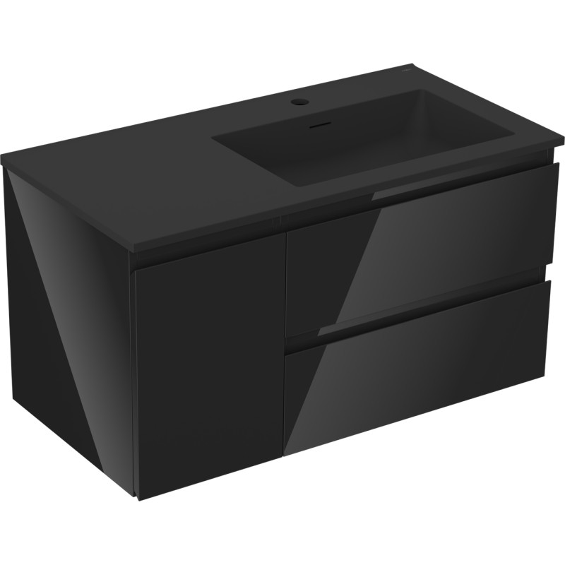 Mexen Orio 90 cm bathroom cabinet with Otis right sink, 2 drawers, 1 door, black gloss/matte black