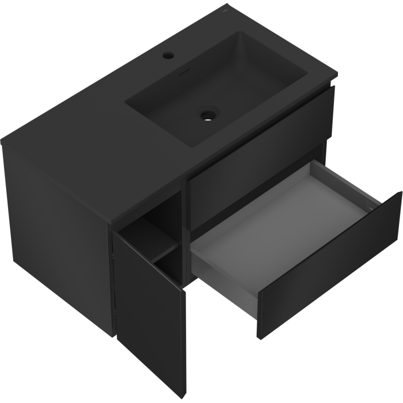 Mexen Orio bathroom cabinet 90 cm with right-side Otis sink, 2S, 1D, black matte - 91A13-09047-3-BBFFF71-W18P71