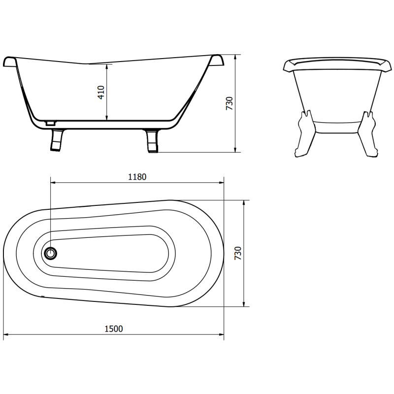 Mexen Retro freestanding bathtub 150 x 73 cm, white/black, chrome legs - 53251507375-00