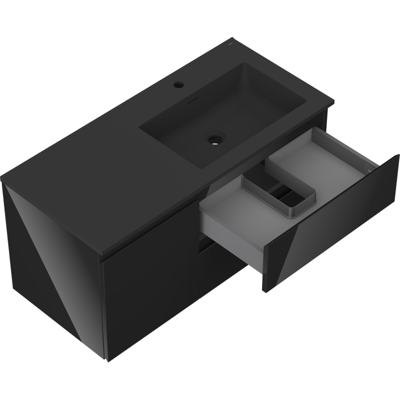 Mexen Orio bathroom cabinet 100 cm with Otis right sink, 2S, 1D, black gloss/black matt - 91A13-10047-3-BBFFF70-W18P71