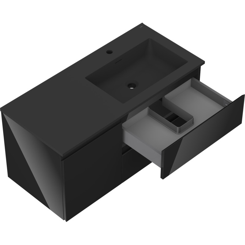 Mexen Orio bathroom cabinet 100 cm with Otis washbasin right, 2S, 1D, black gloss/black matte - 91A13-10047-3-BBFFF70-W18P71