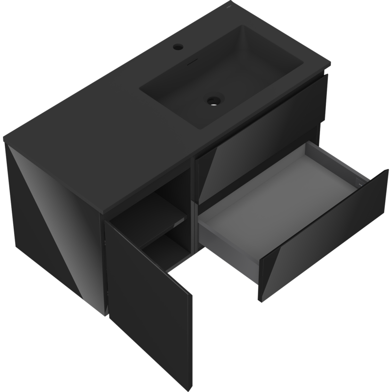 Mexen Orio bathroom cabinet 100 cm with Otis right sink, 2S, 1D, black gloss/black matt - 91A13-10047-3-BBFFF70-W18P71