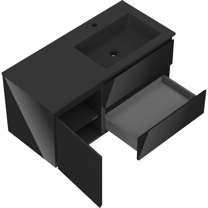 Mexen Orio bathroom cabinet 100 cm with Otis washbasin right, 2S, 1D, black gloss/black matte - 91A13-10047-3-BBFFF70-W18P71