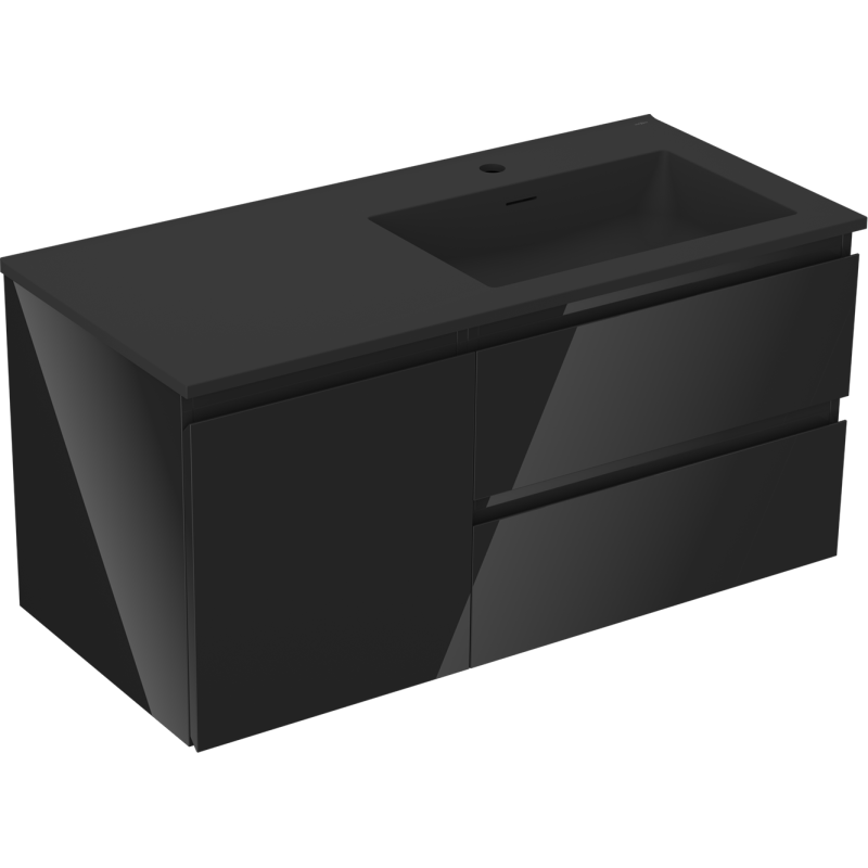 Mexen Orio bathroom cabinet 100 cm with Otis right sink, 2S, 1D, black gloss/black matt - 91A13-10047-3-BBFFF70-W18P71