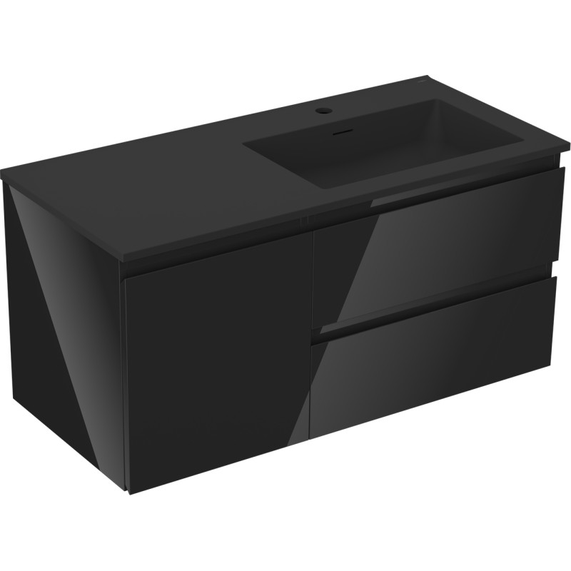 Mexen Orio bathroom cabinet 100 cm with Otis washbasin right, 2S, 1D, black gloss/black matte - 91A13-10047-3-BBFFF70-W18P71