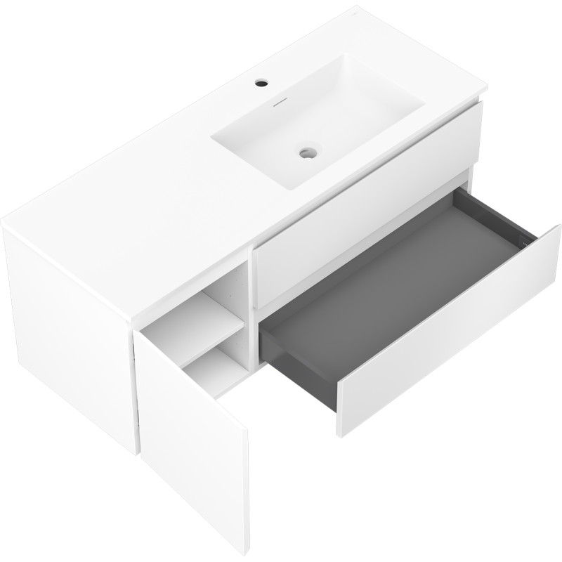 Mexen Orio 120 cm bathroom cabinet with right Otis sink, 2S, 1D, matte white - 91A13-12047-3-BBFFF01-W18P01
