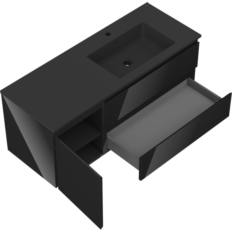 Mexen Orio 120 cm Bathroom Cabinet with Otis Right Sink, 2S, 1D, Black Gloss/Black Matte - 91A13-12047-3-BBFFF70-W18P71