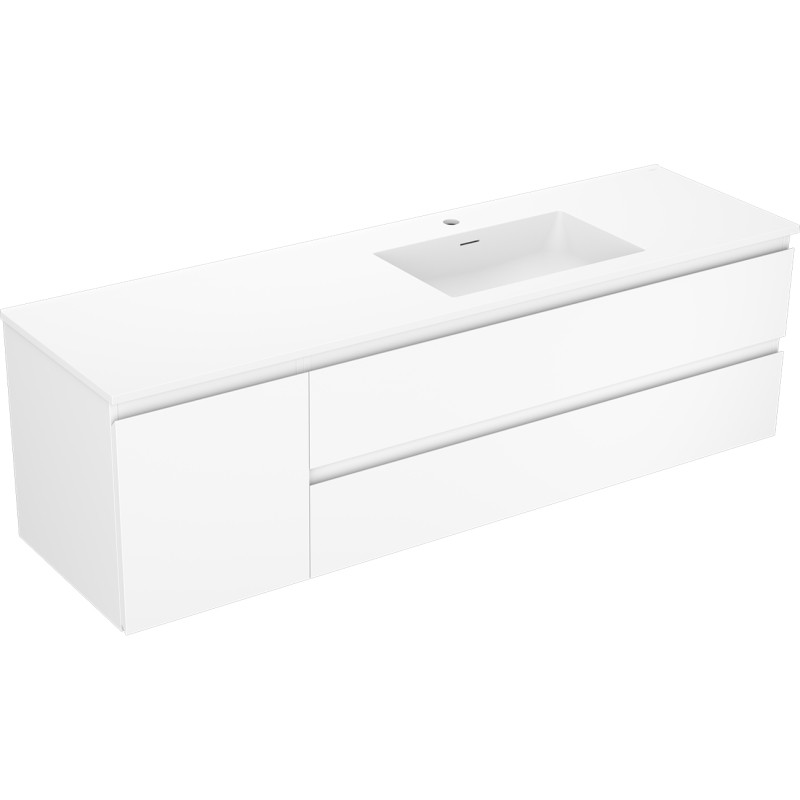 Mexen Orio 160 cm bathroom cabinet with right Otis sink, 2 drawers, 1 door, matte white - 91A13-16047-3-BBFFF01-W18P01