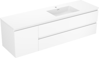 Mexen Orio 160 cm bathroom cabinet with right Otis sink, 2 drawers, 1 door, matte white - 91A13-16047-3-BBFFF01-W18P01