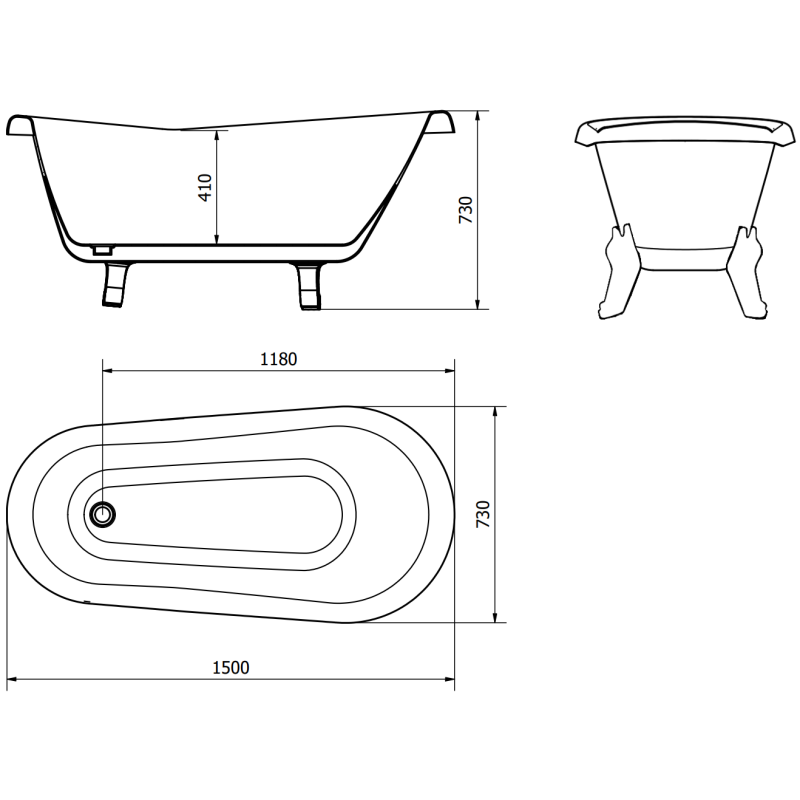 Mexen Retro freestanding bathtub 150 x 73 cm, white/black, black legs - 53251507375-70