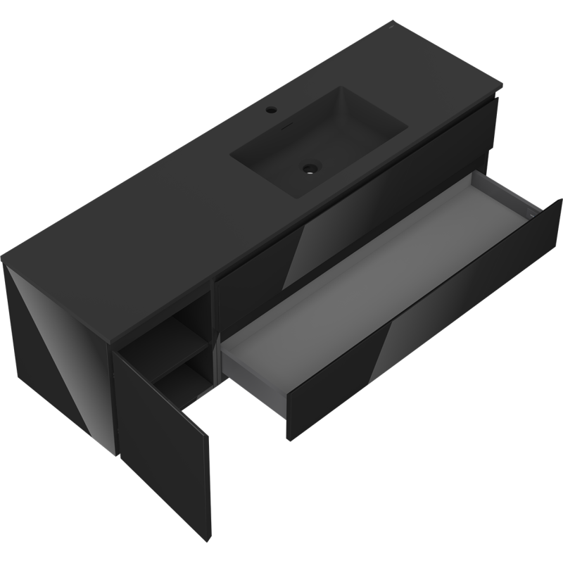 Mexen Orio bathroom cabinet 160 cm with Otis right basin, 2S, 1D, black gloss/black matte - 91A13-16047-3-BBFFF70-W18P71