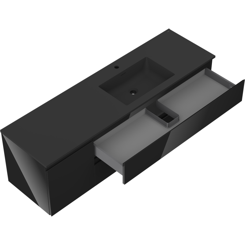 Mexen Orio bathroom cabinet 160 cm with Otis right basin, 2S, 1D, black gloss/black matte - 91A13-16047-3-BBFFF70-W18P71