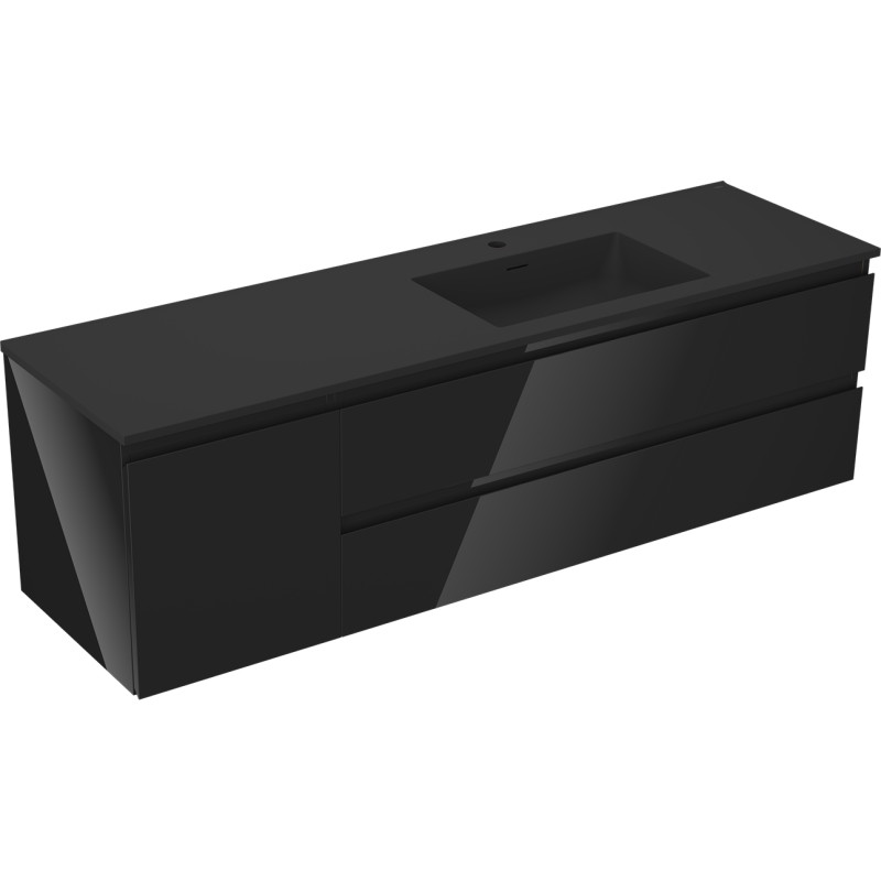 Mexen Orio 160 cm Bathroom Cabinet with Otis Right Sink, 2 Drawers, 1 Door, Black Gloss/Black Matte