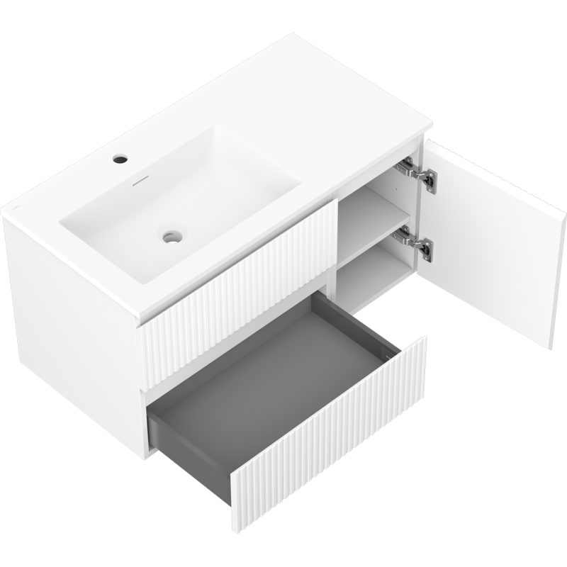 Mexen Rivel bathroom cabinet 90 cm with Otis left sink, 2S, 1D, fluted, white matte - 91A23-09047-3-BBFFF01-W18L01